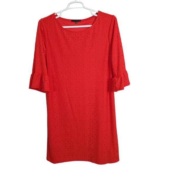 Tiana B Size 18W Dress Shift Stretch Eyelet Overlay Ruffle Bell Sleeve Midi Red - Picture 2 of 14